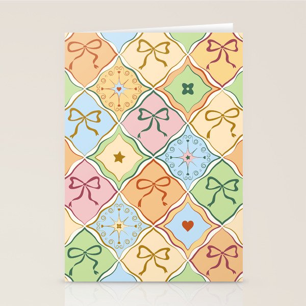 Coquette Ribbon Bows on Colorful Patchwork Stationery Card Gallery Image 2