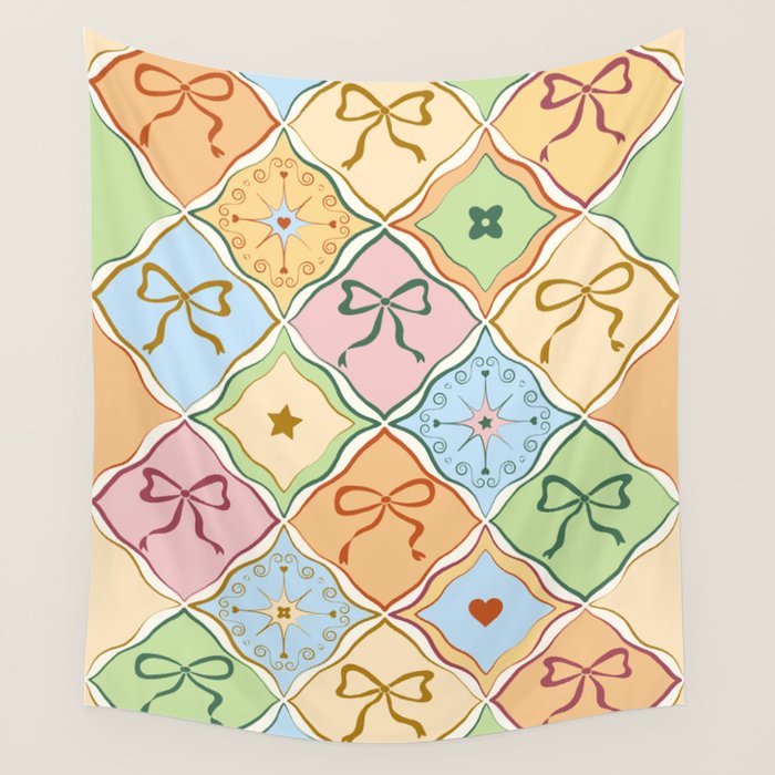 Coquette Ribbon Bows on Colorful Patchwork Wall Tapestry Gallery Image 4