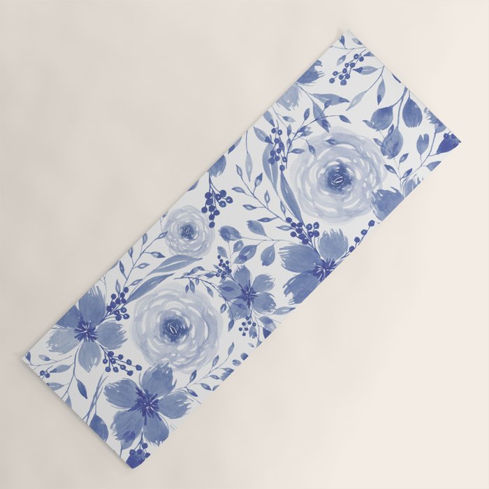 Blue and White Watercolor Florals Yoga Mat Gallery Image 1
