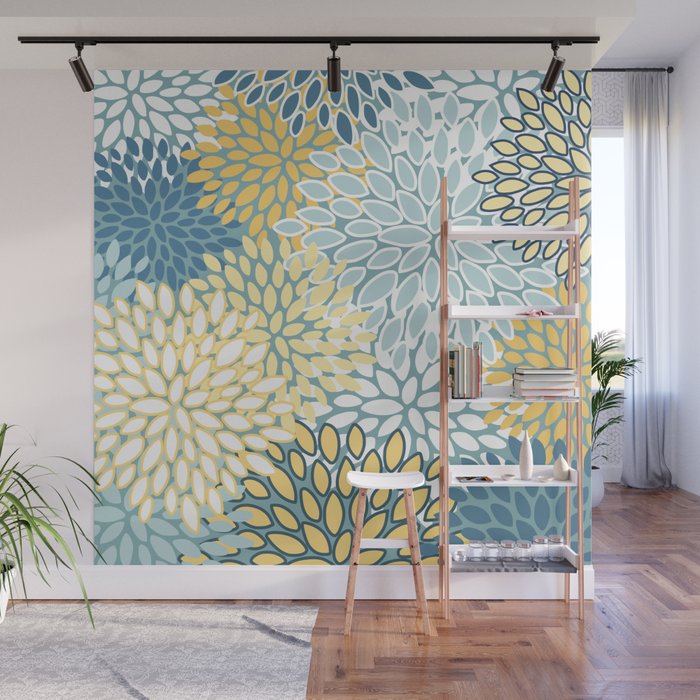 Modern Floral Yellow And Teal  Wall Mural Gallery Image 1