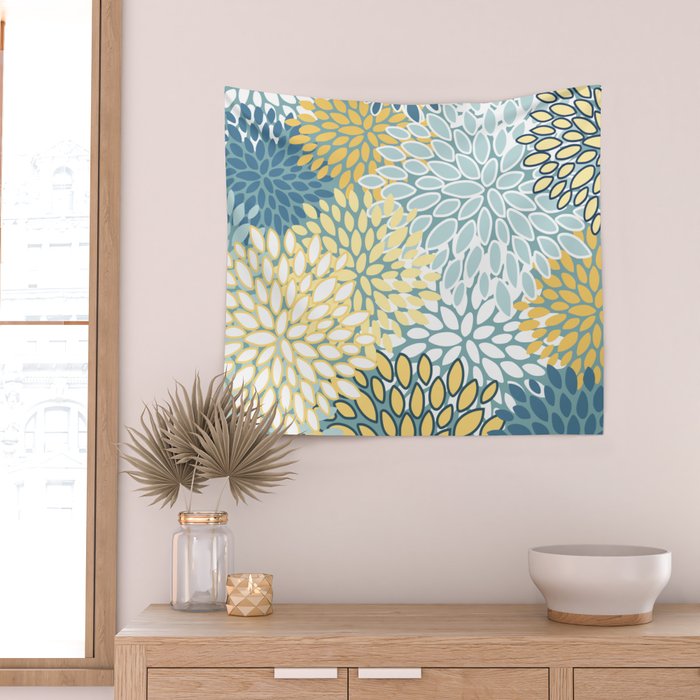 Modern Floral Yellow And Teal  Wall Tapestry Gallery Image 2