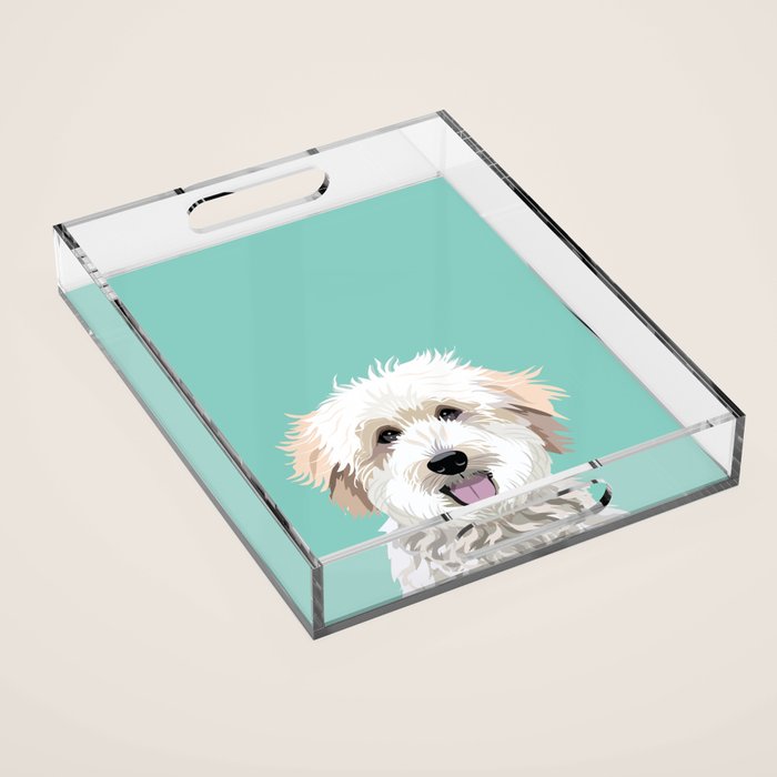 Golden Doodle pet portrait art print and dog gifts Acrylic Tray Gallery Image 1