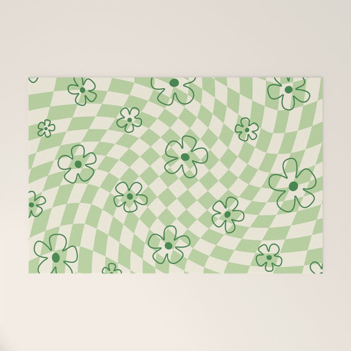 Green Checker Swirl With Flowers Welcome Mat Gallery Image 1