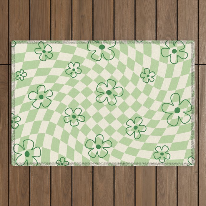 Green Checker Swirl With Flowers Outdoor Rug Gallery Image 1