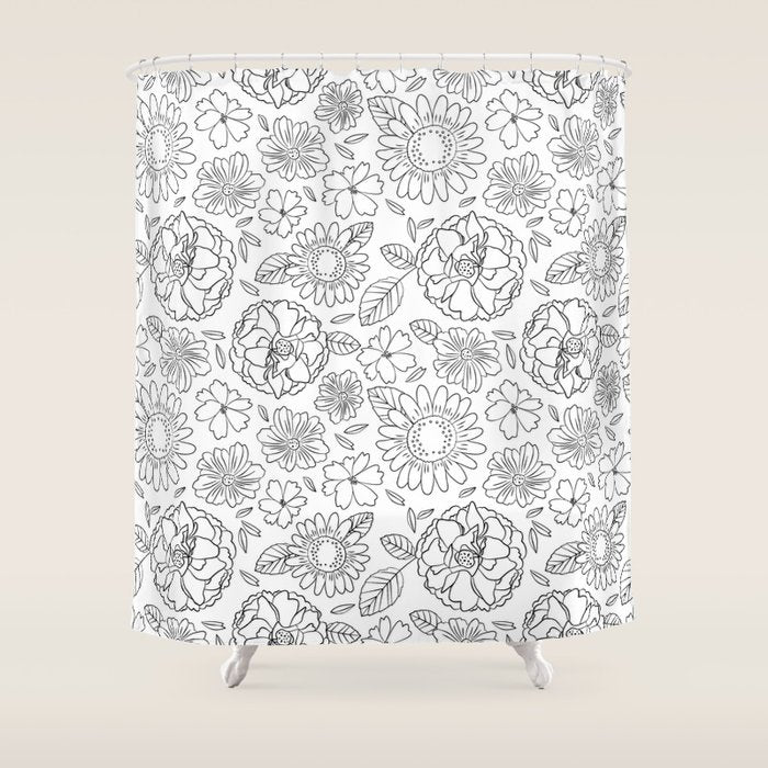 Black and white hand drawn flower art pattern Shower Curtain Gallery Image 1