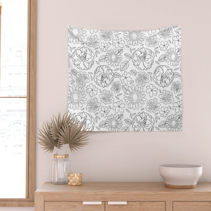 Black and white hand drawn flower art pattern Wall Tapestry Gallery Image 2