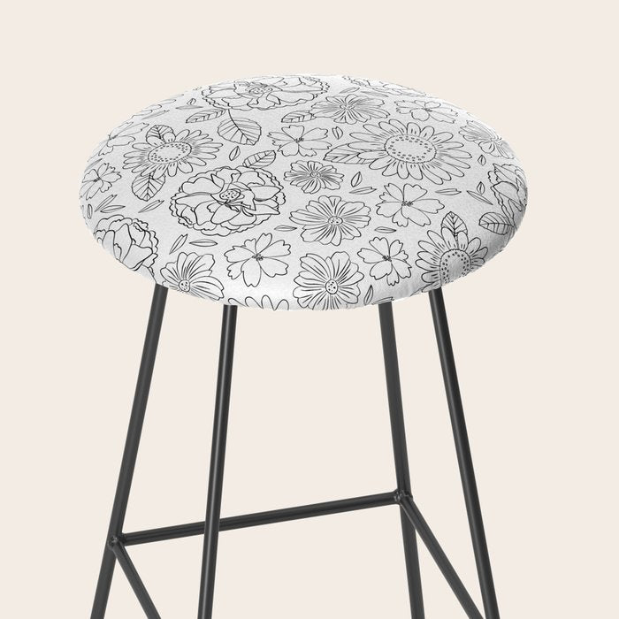 Black and white hand drawn flower art pattern Stool Gallery Image 2