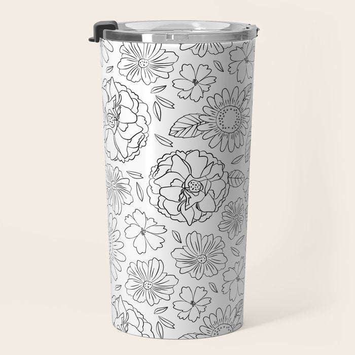 Black and white hand drawn flower art pattern Travel Mug Gallery Image 3