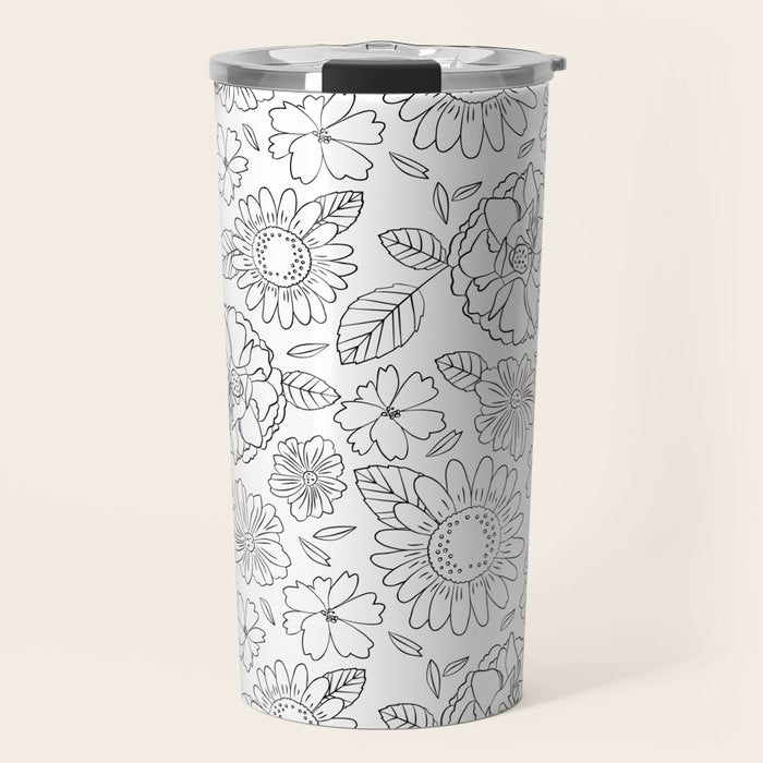 Black and white hand drawn flower art pattern Travel Mug Gallery Image 1