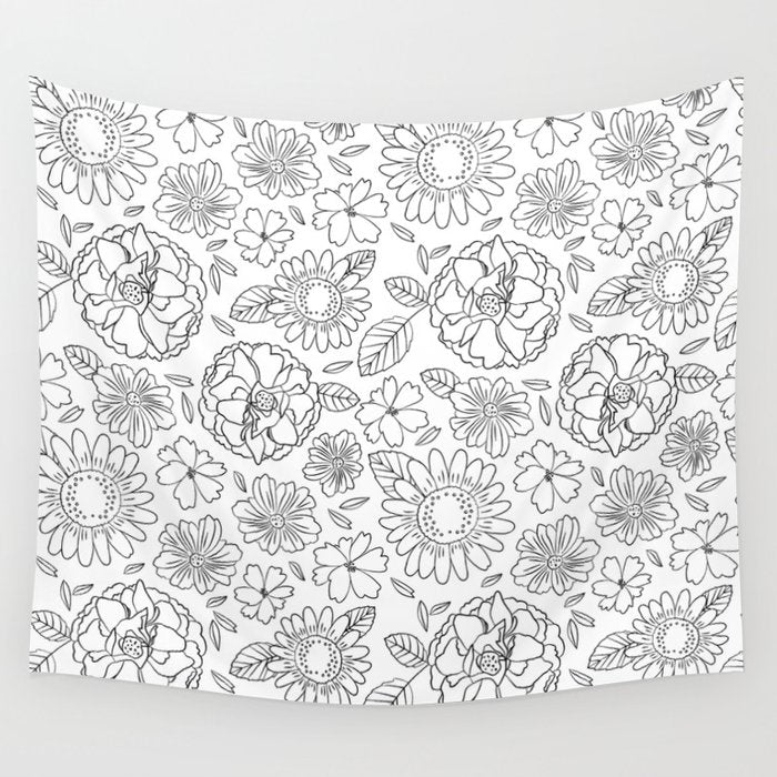 Black and white hand drawn flower art pattern Wall Tapestry Gallery Image 4