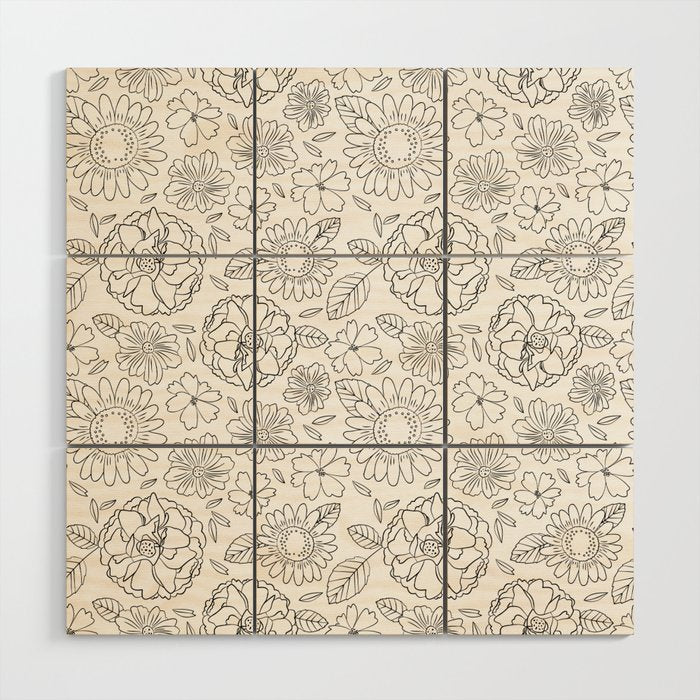 Black and white hand drawn flower art pattern Wood Wall Art Gallery Image 1