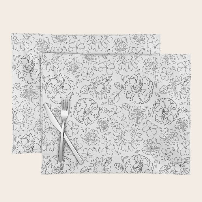 Black and white hand drawn flower art pattern Placemat Gallery Image 1