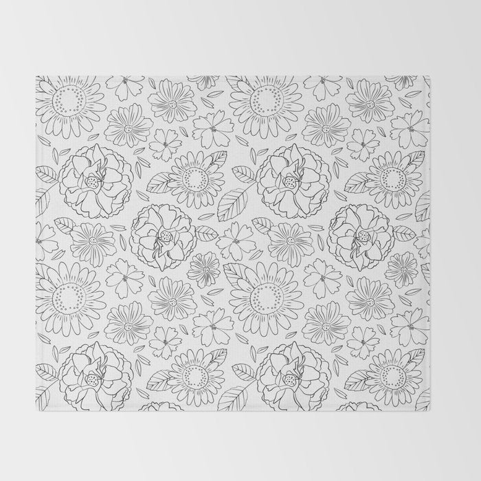 Black and white hand drawn flower art pattern Throw Blanket Gallery Image 2