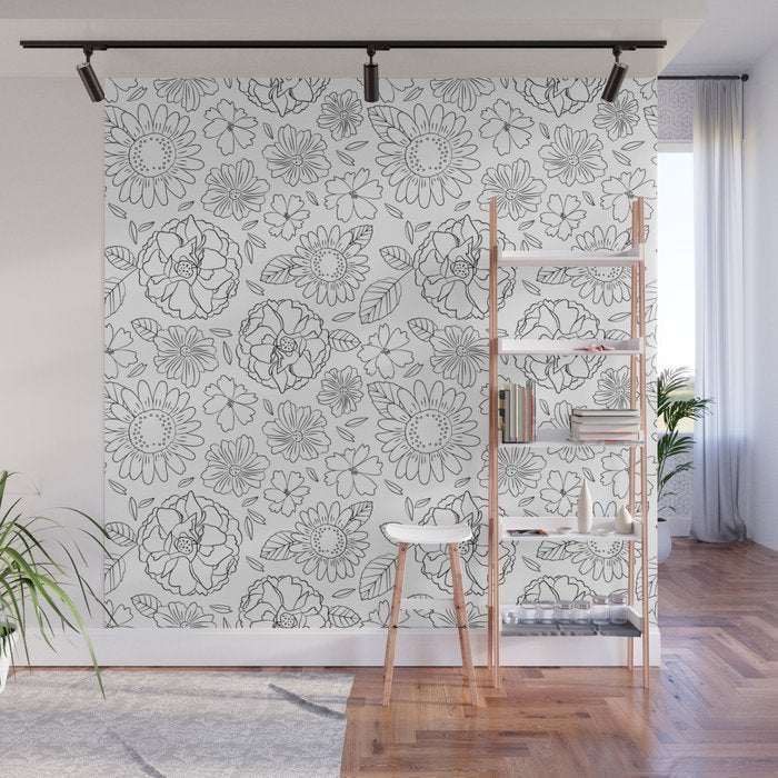 Black and white hand drawn flower art pattern Wall Mural Gallery Image 1