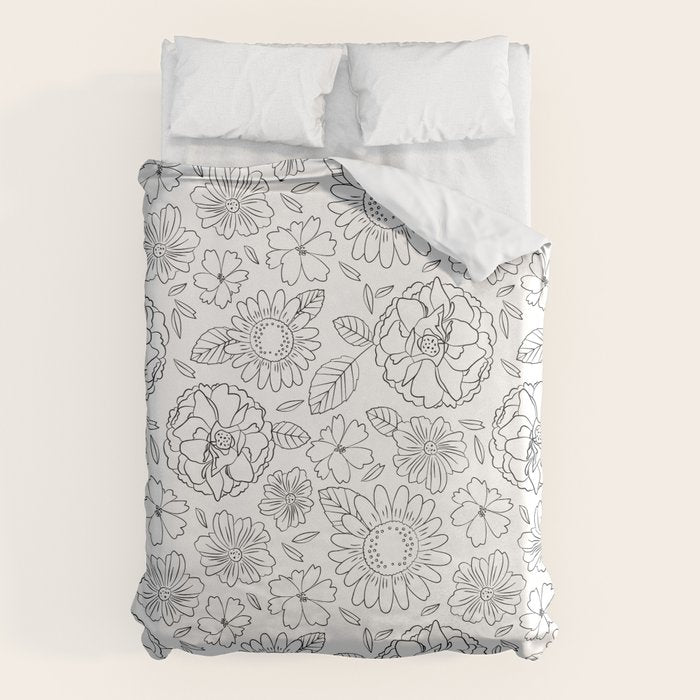 Black and white hand drawn flower art pattern Duvet Cover Gallery Image 1