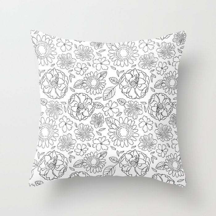 Black and white hand drawn flower art pattern Throw Pillow Gallery Image 1