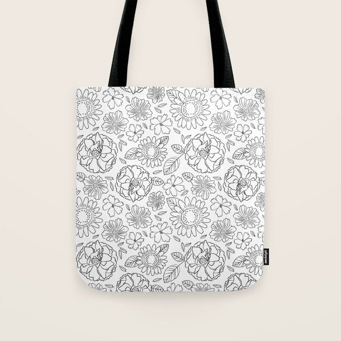 Black and white hand drawn flower art pattern Tote Bag Gallery Image 1