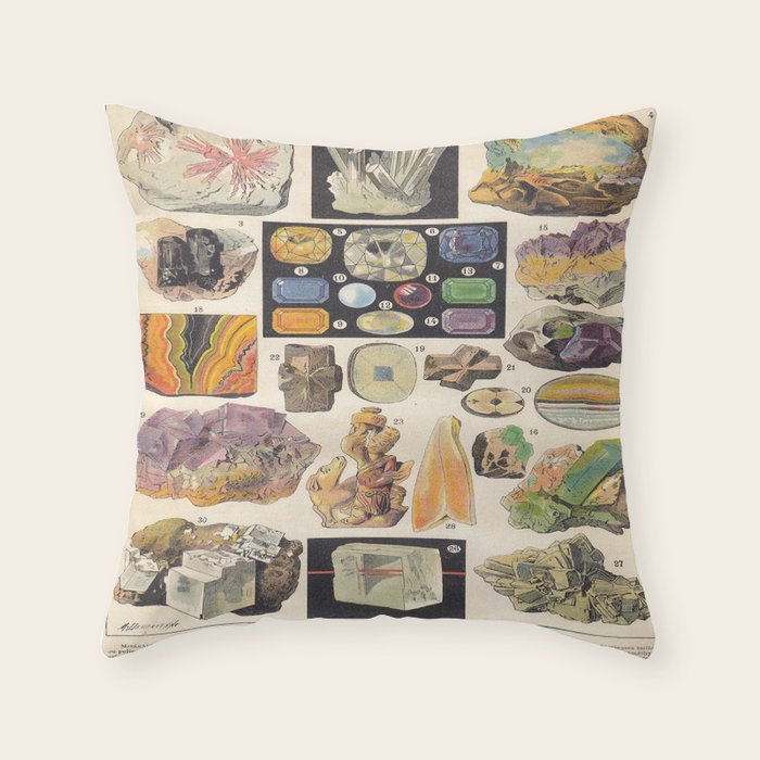 Adolphe Millot Minerals Larousse Vintage Scientific Encyclopedia Illustration Mineralogy Gemstones Throw Pillow Gallery Image 1