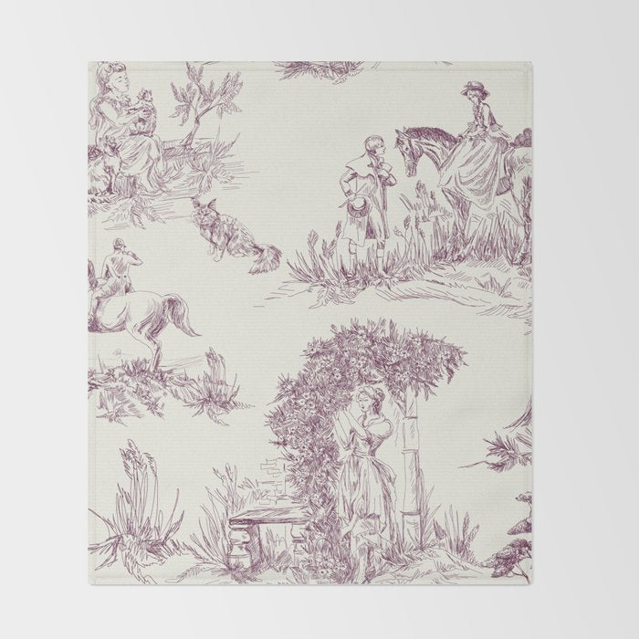 Toile de Jouy Vintage French Plum Cream Pastoral Pattern Throw Blanket Gallery Image 2