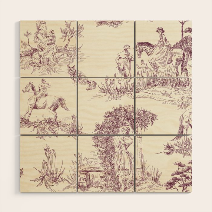 Toile de Jouy Vintage French Plum Cream Pastoral Pattern Wood Wall Art Gallery Image 1