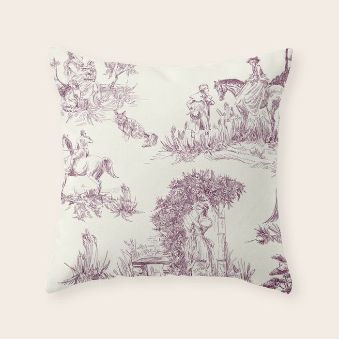 Toile de Jouy Vintage French Plum Cream Pastoral Pattern Throw Pillow Gallery Image 6