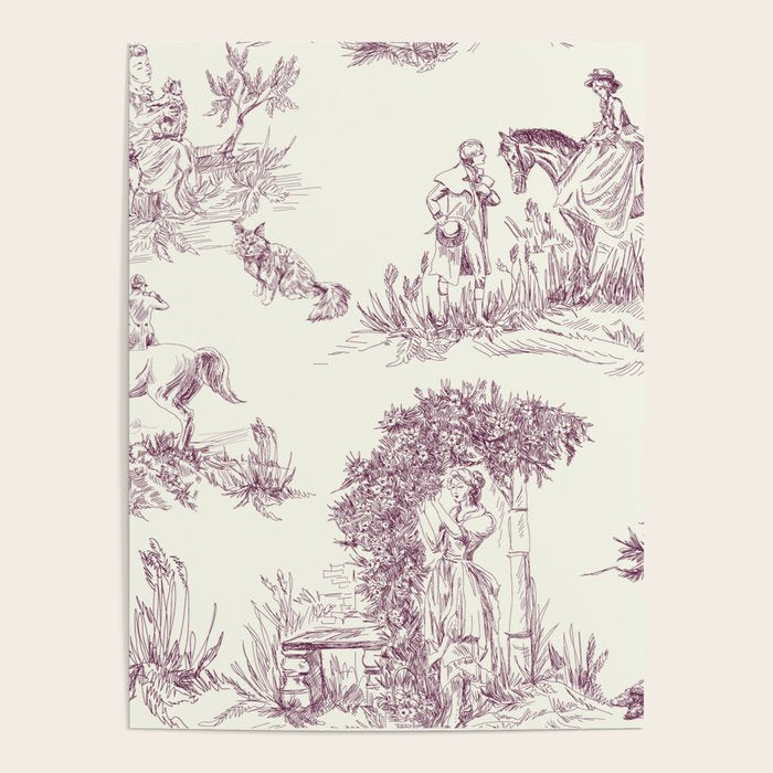 Toile de Jouy Vintage French Plum Cream Pastoral Pattern Poster Gallery Image 4