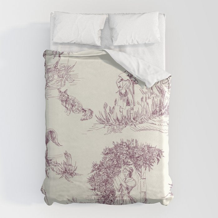 Toile de Jouy Vintage French Plum Cream Pastoral Pattern Duvet Cover Gallery Image 1