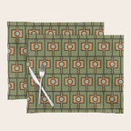 Mid Century Modern Rektangel Geometric Pattern in Vintage Green and Cantaloupe Orange Placemat Gallery Image 1