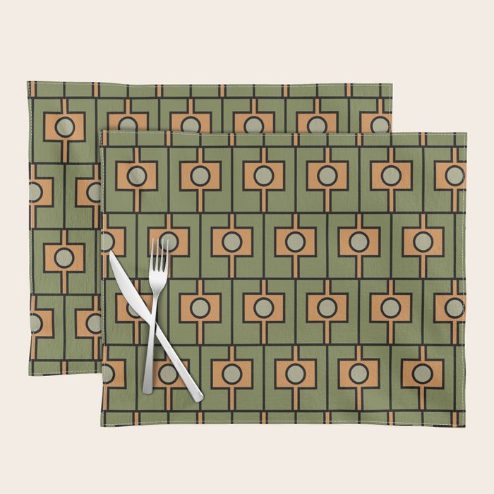 Mid Century Modern Rektangel Geometric Pattern in Vintage Green and Cantaloupe Orange Placemat Gallery Image 1