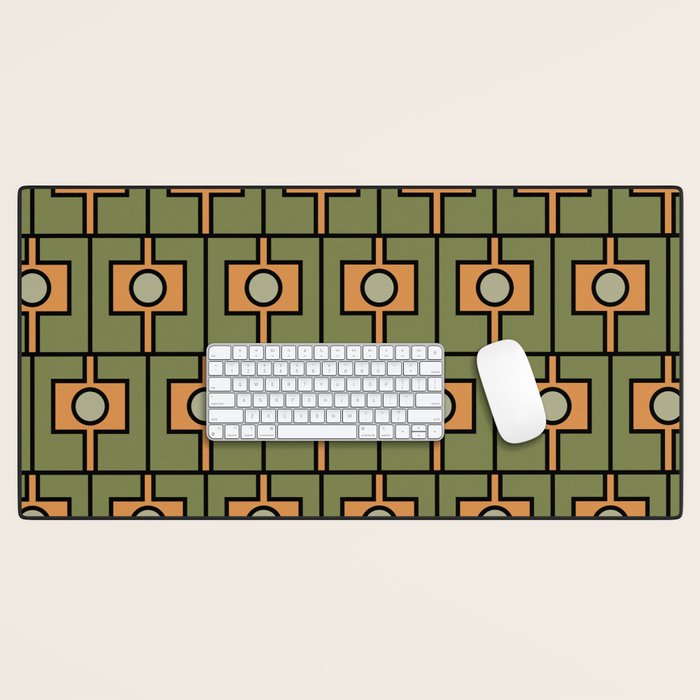 Mid Century Modern Rektangel Geometric Pattern in Vintage Green and Cantaloupe Orange Desk Mat Gallery Image 1