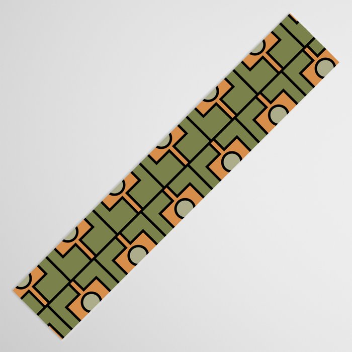 Mid Century Modern Rektangel Geometric Pattern in Vintage Green and Cantaloupe Orange Table Runner Gallery Image 3