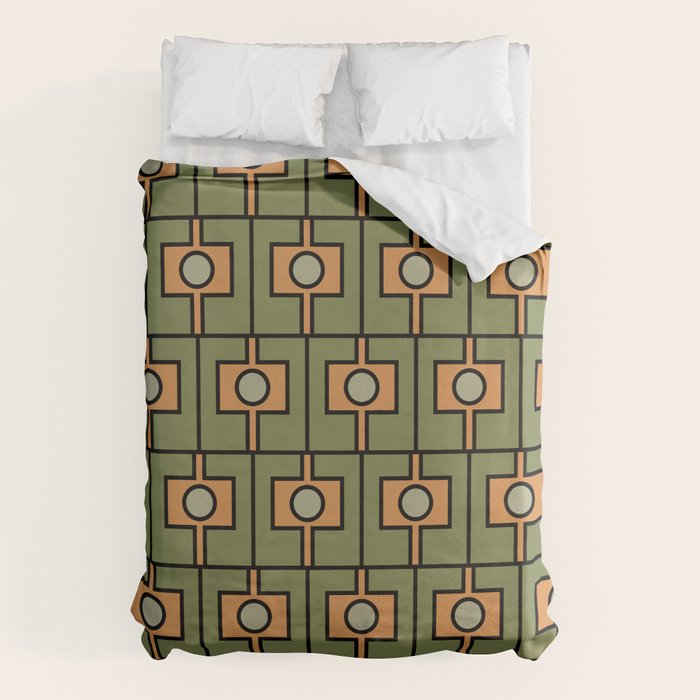 Mid Century Modern Rektangel Geometric Pattern in Vintage Green and Cantaloupe Orange Duvet Cover Gallery Image 6