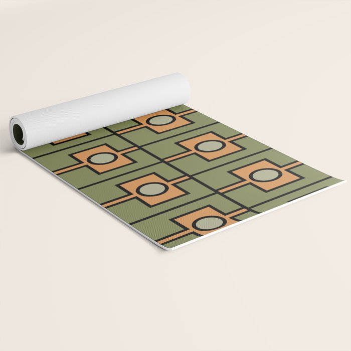 Mid Century Modern Rektangel Geometric Pattern in Vintage Green and Cantaloupe Orange Yoga Mat Gallery Image 2
