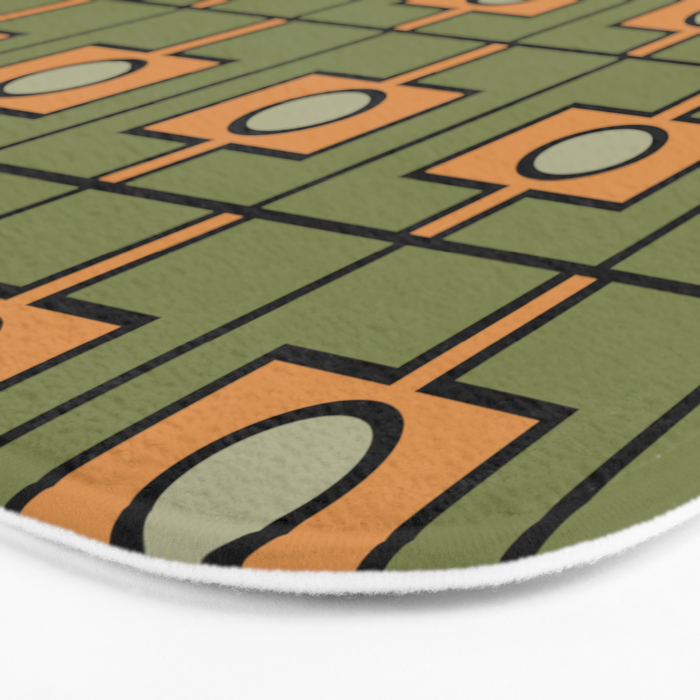 Mid Century Modern Rektangel Geometric Pattern in Vintage Green and Cantaloupe Orange Bath Mat Gallery Image 3