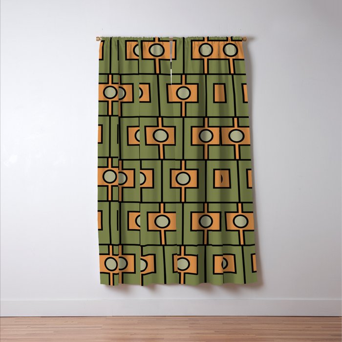 Mid Century Modern Rektangel Geometric Pattern in Vintage Green and Cantaloupe Orange Window Curtain Gallery Image 3