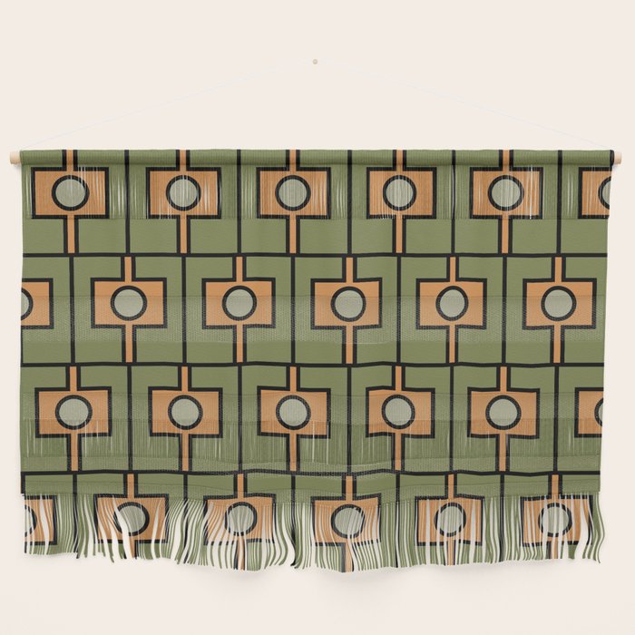 Mid Century Modern Rektangel Geometric Pattern in Vintage Green and Cantaloupe Orange Wall Hanging Gallery Image 1