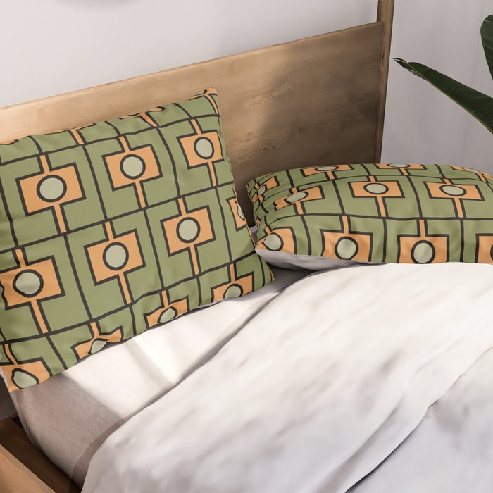 Mid Century Modern Rektangel Geometric Pattern in Vintage Green and Cantaloupe Orange Pillow Sham Gallery Image 2