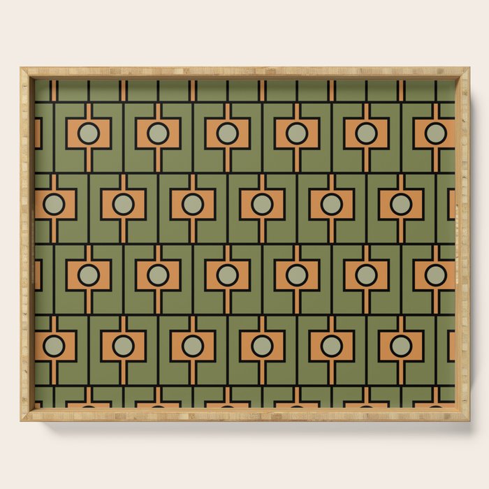 Mid Century Modern Rektangel Geometric Pattern in Vintage Green and Cantaloupe Orange Serving Tray Gallery Image 1