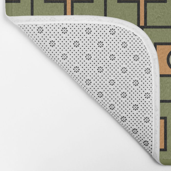 Mid Century Modern Rektangel Geometric Pattern in Vintage Green and Cantaloupe Orange Bath Mat Gallery Image 2