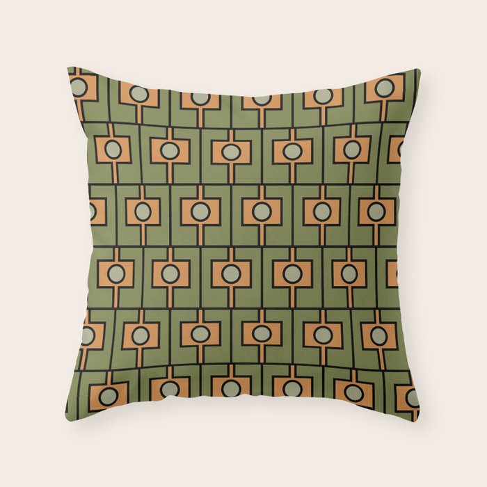 Mid Century Modern Rektangel Geometric Pattern in Vintage Green and Cantaloupe Orange Throw Pillow Gallery Image 6