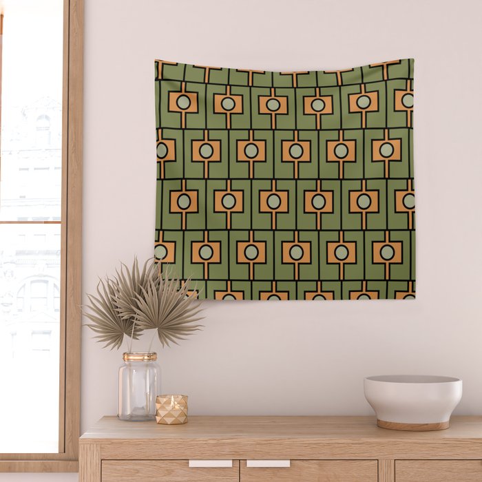 Mid Century Modern Rektangel Geometric Pattern in Vintage Green and Cantaloupe Orange Wall Tapestry Gallery Image 2