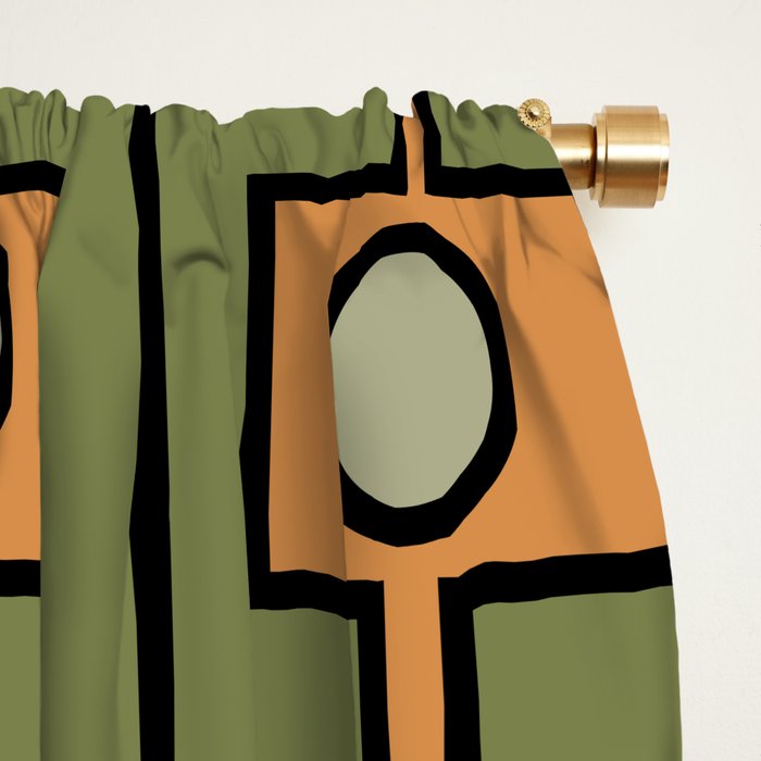 Mid Century Modern Rektangel Geometric Pattern in Vintage Green and Cantaloupe Orange Window Curtain Gallery Image 2