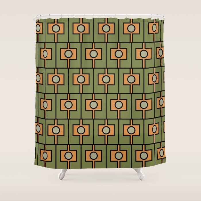 Mid Century Modern Rektangel Geometric Pattern in Vintage Green and Cantaloupe Orange Shower Curtain Gallery Image 1