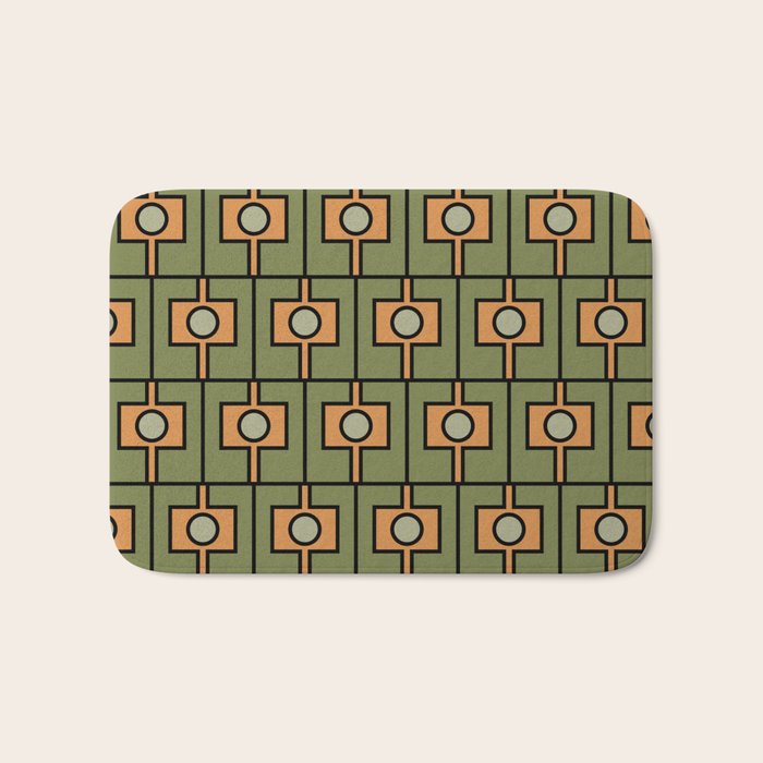 Mid Century Modern Rektangel Geometric Pattern in Vintage Green and Cantaloupe Orange Bath Mat Gallery Image 1