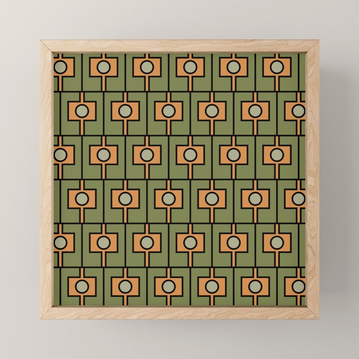 Mid Century Modern Rektangel Geometric Pattern in Vintage Green and Cantaloupe Orange Mini Art Print Gallery Image 1