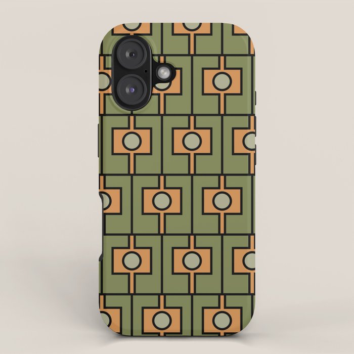 Mid Century Modern Rektangel Geometric Pattern in Vintage Green and Cantaloupe Orange iPhone Case Gallery Image 1