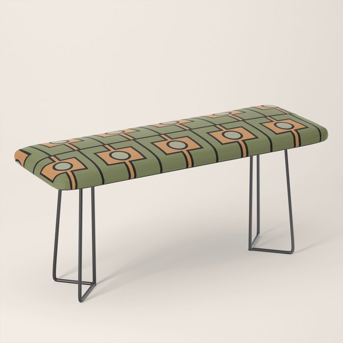 Mid Century Modern Rektangel Geometric Pattern in Vintage Green and Cantaloupe Orange Bench Gallery Image 1