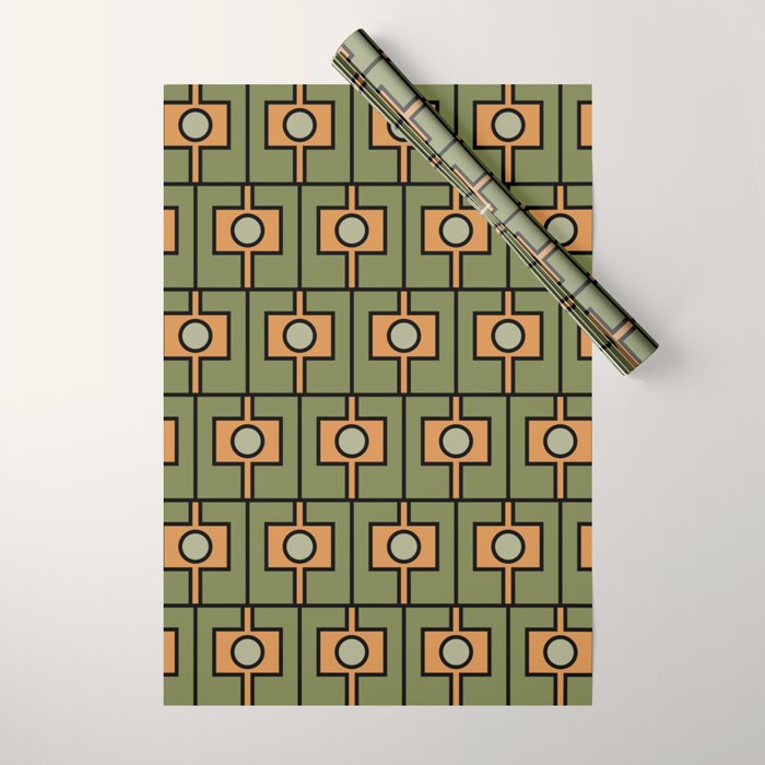 Mid Century Modern Rektangel Geometric Pattern in Vintage Green and Cantaloupe Orange Wrapping Paper Gallery Image 1