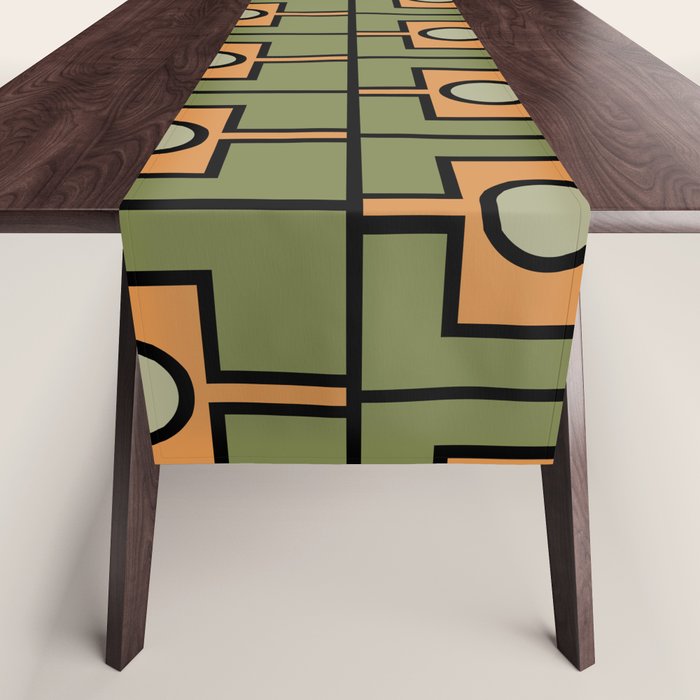 Mid Century Modern Rektangel Geometric Pattern in Vintage Green and Cantaloupe Orange Table Runner Gallery Image 1