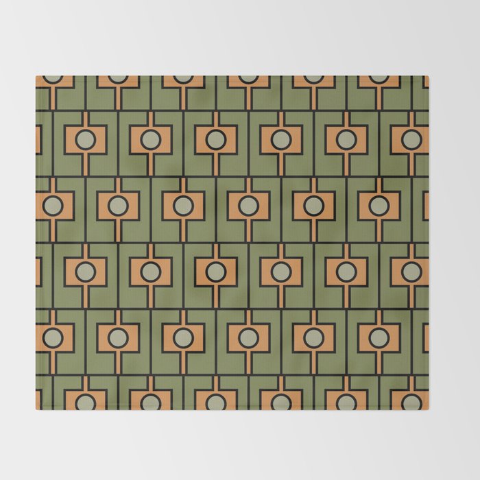 Mid Century Modern Rektangel Geometric Pattern in Vintage Green and Cantaloupe Orange Throw Blanket Gallery Image 2